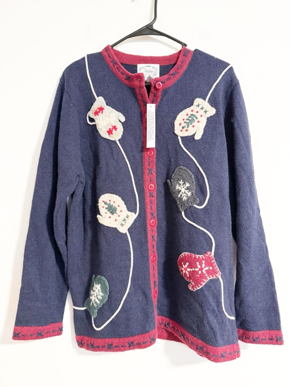 Vintage Stitches in Time Embroidered Mitten Cardigan Sweater Navy Red M